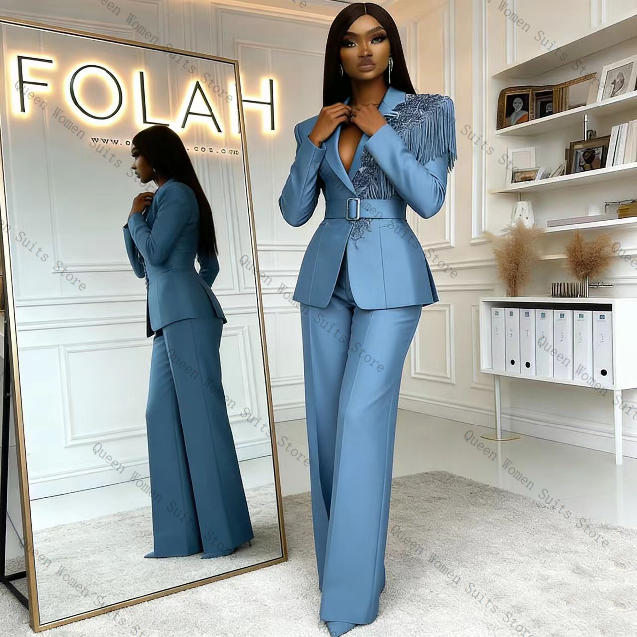 Women'S Formal Wear Jackets - Setelan Celana Wanita Biru Rumbai 2