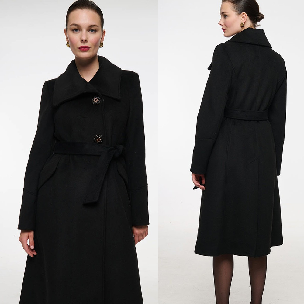 Women'S Formal Wear Plus Size - Mantel Wol Wanita Kerah Tegak Hitam