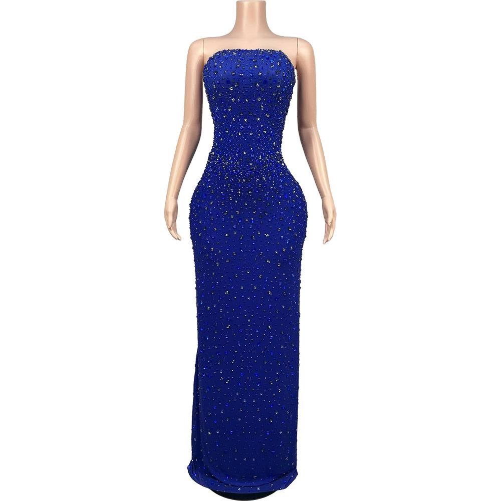 Women Luxury Formal Wear - Gaun Malam Tanpa Tali Biru Berlian