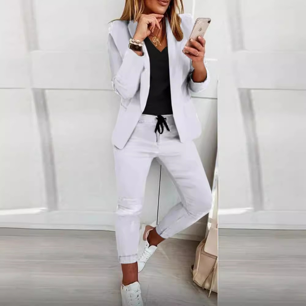 Monochrome Suit Set - Setelan sweter Wanita kasual lengan panjang,